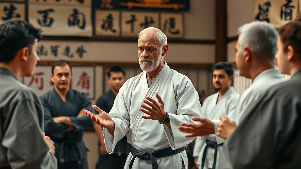 martial arts instructor explaining lineage to students, highlighting traditional martial arts benefits in a traditional dojo