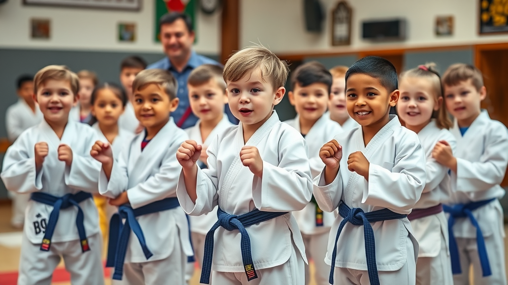 Happy young children in martial arts uniforms breaking boards under instructor supervision in Lake County Illinois dojo.