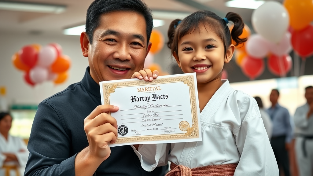 Joyful parent and child celebrating martial arts success in Lake County Illinois, child holding certificate and new belt.