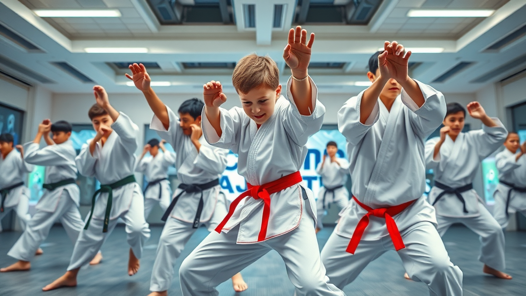 Modern martial arts training facility, vibrant group in mid-action, students practicing at Gruber