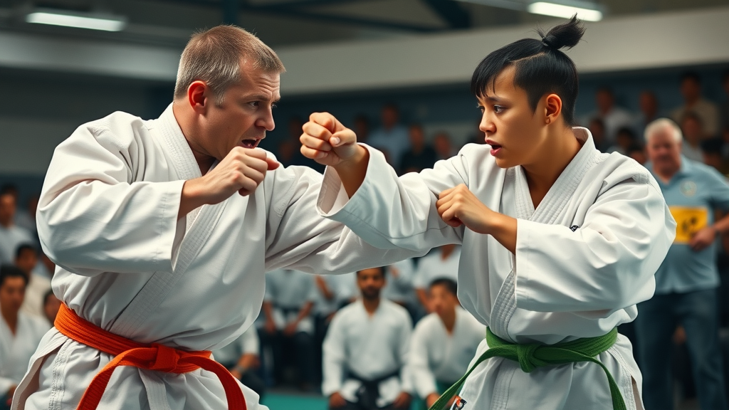 Karate students sparring in dojo, demonstrating Okinawan Karate techniques in a practical application