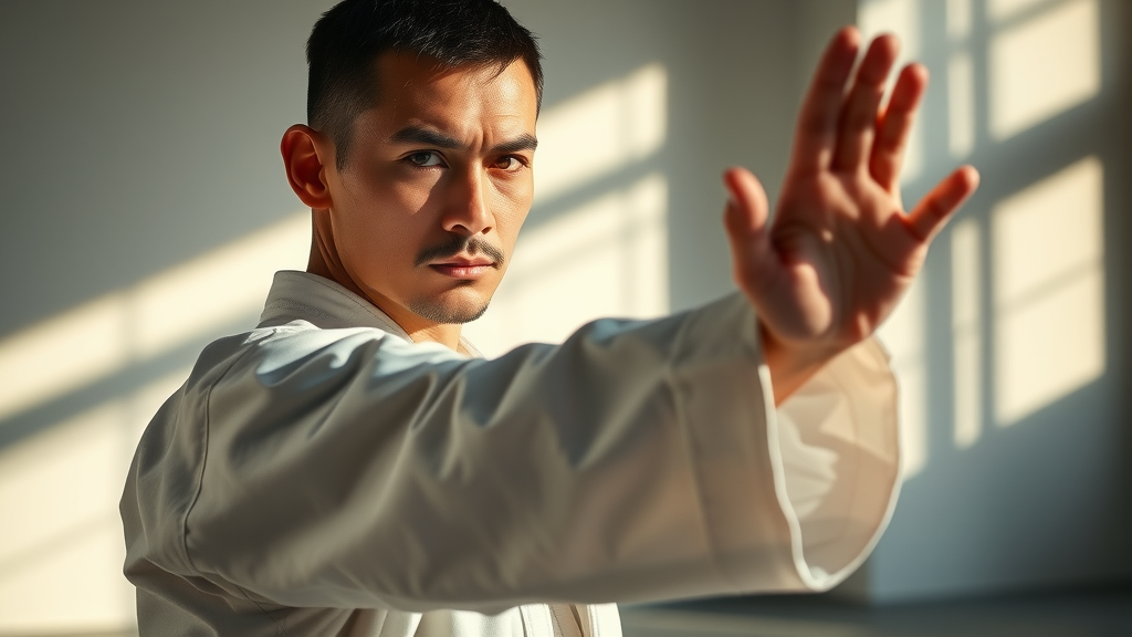 Disciplined adult martial artist practicing precise karate stance at a Gurnee dojo, sunlight casting dramatic shadow, muscular and focused expression, isshin shorinji ryu technique.