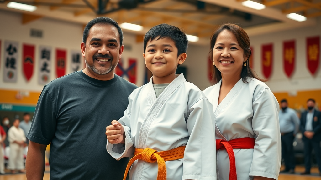 Young taekwondo student with parents at colored belt ceremony, taekwondo training lake county, pride and achievement at martial arts academy