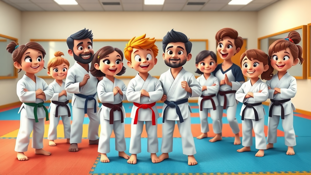 Engaged family group, children and adults in karate uniforms, group lesson with instructor at Gruber