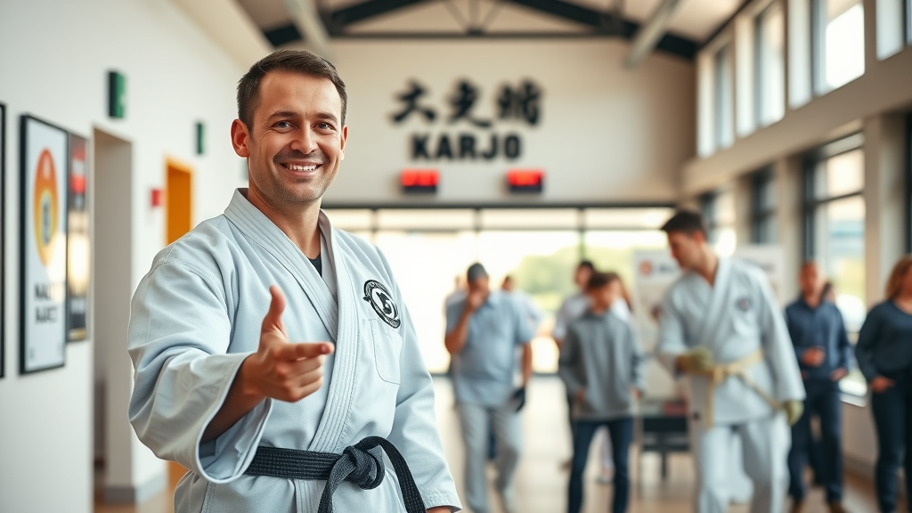 friendly karate instructor greeting new students at Gruber