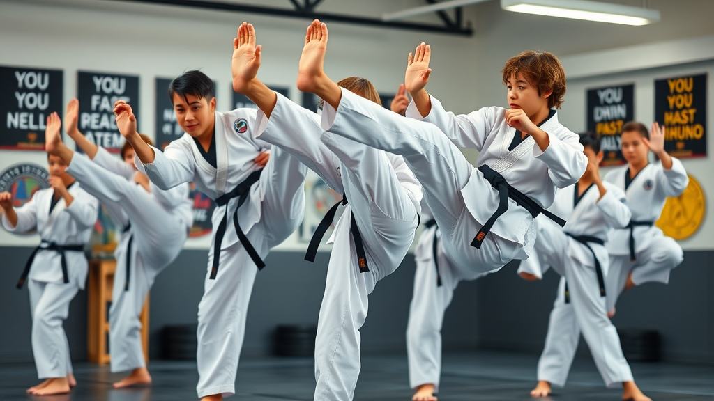 Inspirational group of taekwondo students in Lake County performing synchronized high kicks, taekwondo training lake county, martial arts, modern studio, high energy