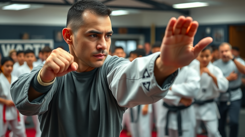 Martial arts instructor demonstrating striking move to engaged class in Lake County