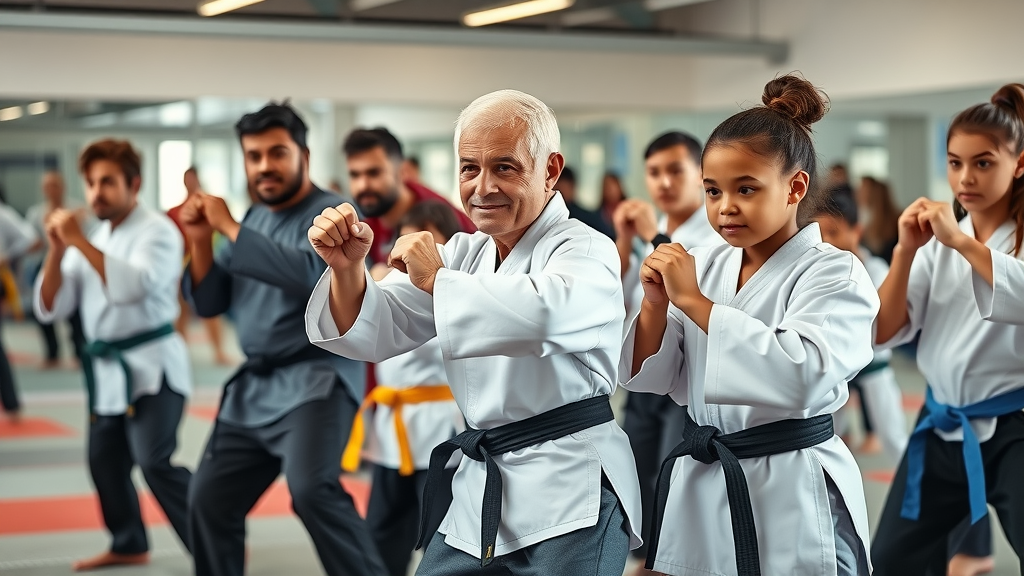 Diverse group practicing martial arts defense stances with instructor in Lake County IL
