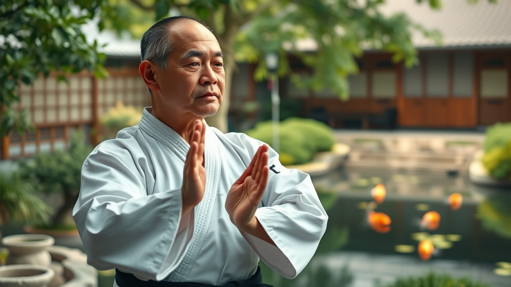 middle-aged man practicing deep breathing kata outdoors in Okinawan karate uniform