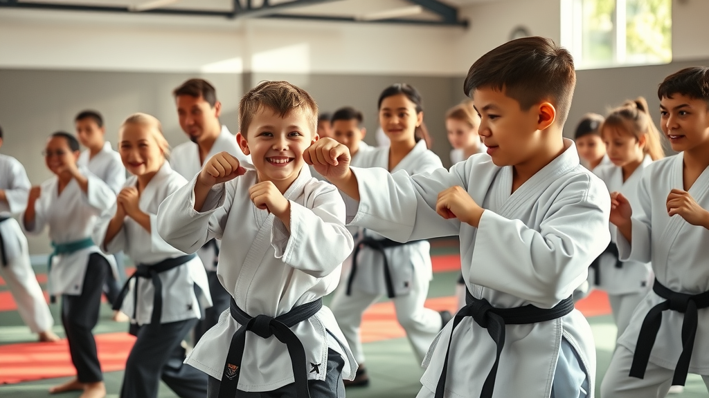Dynamic martial arts class with enthusiastic children and adults in Lake County Illinois, engaged in friendly sparring with smiling faces.