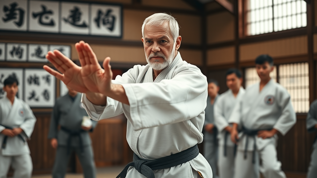 Sensei demonstrating kata at Illinois shotokan karate club, focused students, traditional dojo