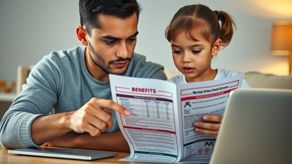 Thoughtful parent and attentive child reviewing martial arts school brochures in a home setting, considering martial arts classes in Gurnee, calm determined atmosphere.