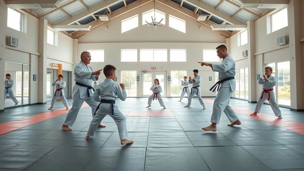 Okinawan Karate instructors Illinois leading a class in modern martial arts training facility, adults and children on padded floors, vibrant community