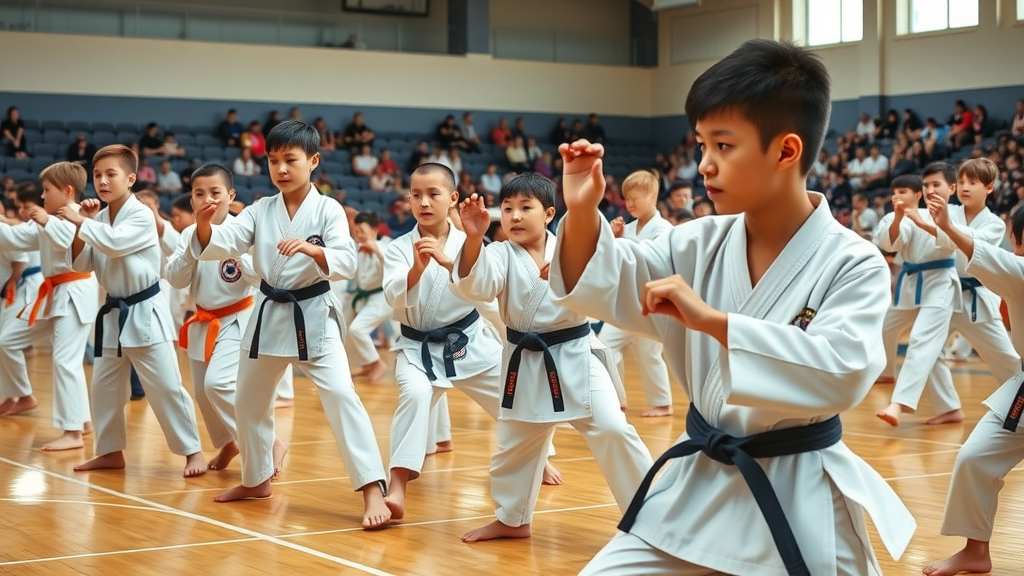 vibrant karate tournament scene, competitors performing kata at karate tournaments Gurnee IL, dynamic martial arts stances, busy gymnasium with audience