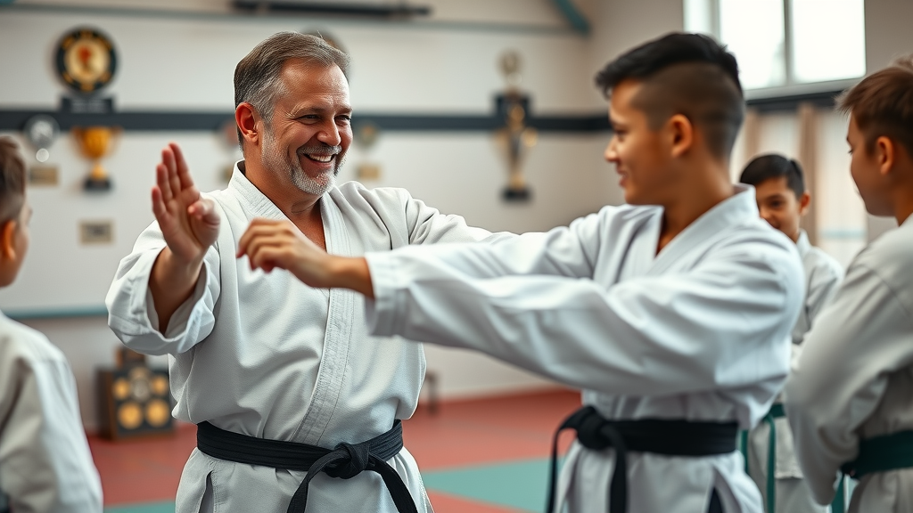 Taekwondo instructor at academy of martial arts in Lake County demonstrating a move, guiding students, taekwondo training lake county