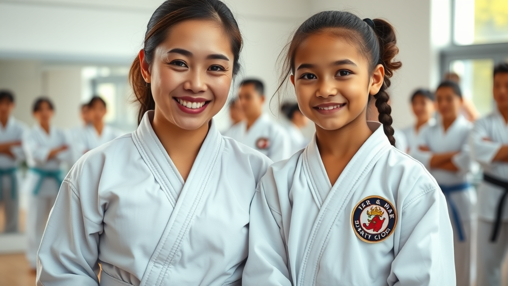 Mother and daughter in martial arts uniforms Lake County IL, attending beginner seminar, visible encouragement and connection