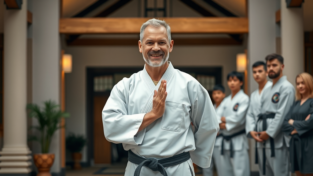 Confident martial arts instructor, Sensei Gruber, smiling and bowing, modern dojo entrance at Stearns School Gurnee IL, respected martial arts school.
