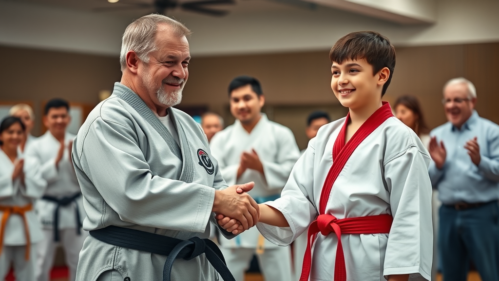 Proud martial arts student in Lake County Illinois receiving a new colored belt from instructor in front of applauding classmates and family.