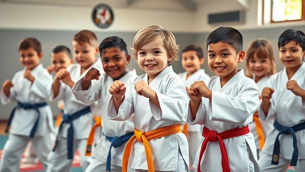 Vibrant group of young children practicing martial arts in Lake County dojo, demonstrating stances with colored uniforms, smiling, and looking focused