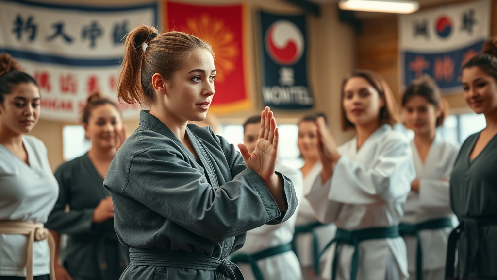 Inspiring female martial arts instructor in Lake County IL, leading a group of women, demonstrating self-defense techniques, supportive class environment