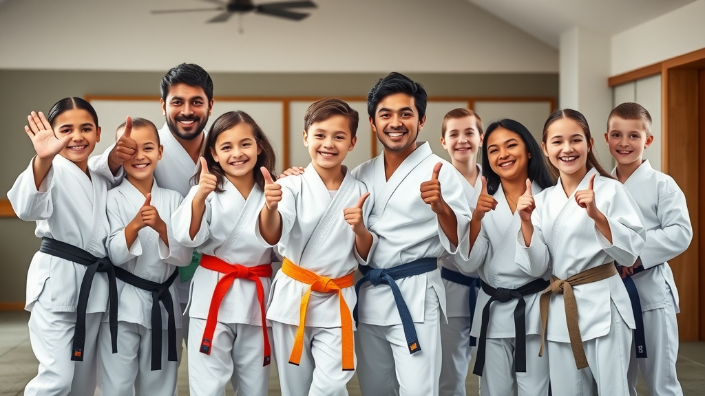 Happy family celebrating with proud children and teens in karate uniforms after class, community dojo in Illinois