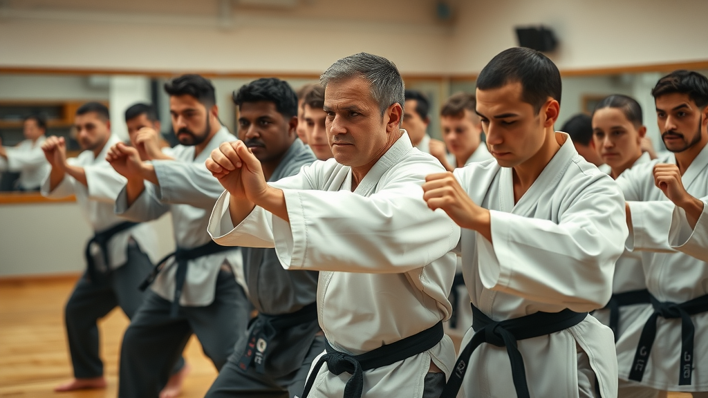 karate classes lake county il group performing synchronized kata moves dojo