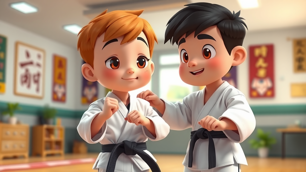 Young beginner learning karate self-defense Gurnee, enthusiastically guided by experienced instructor