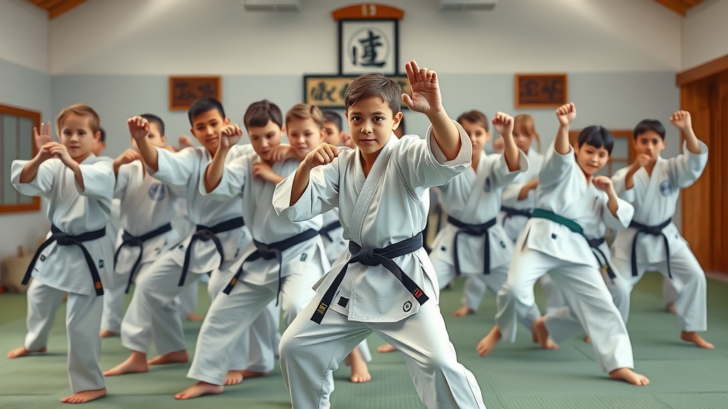 Dynamic group of martial arts students Lake County Illinois practicing various martial arts techniques in dojo