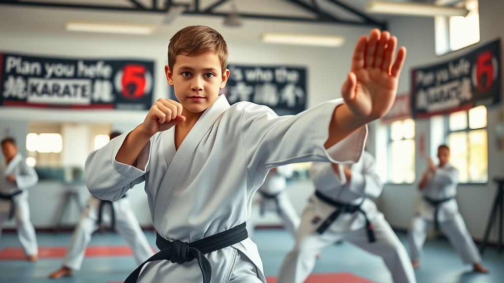 Dynamic martial arts studio, confident beginner student, demonstrating a karate stance, clean dojo interior, motivational banners, vibrant karate practice. Gurnee IL Okinawan Karate.