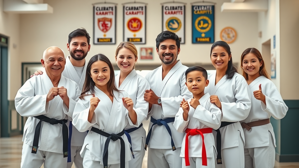 Confident family in karate self-defense uniforms at Gurnee