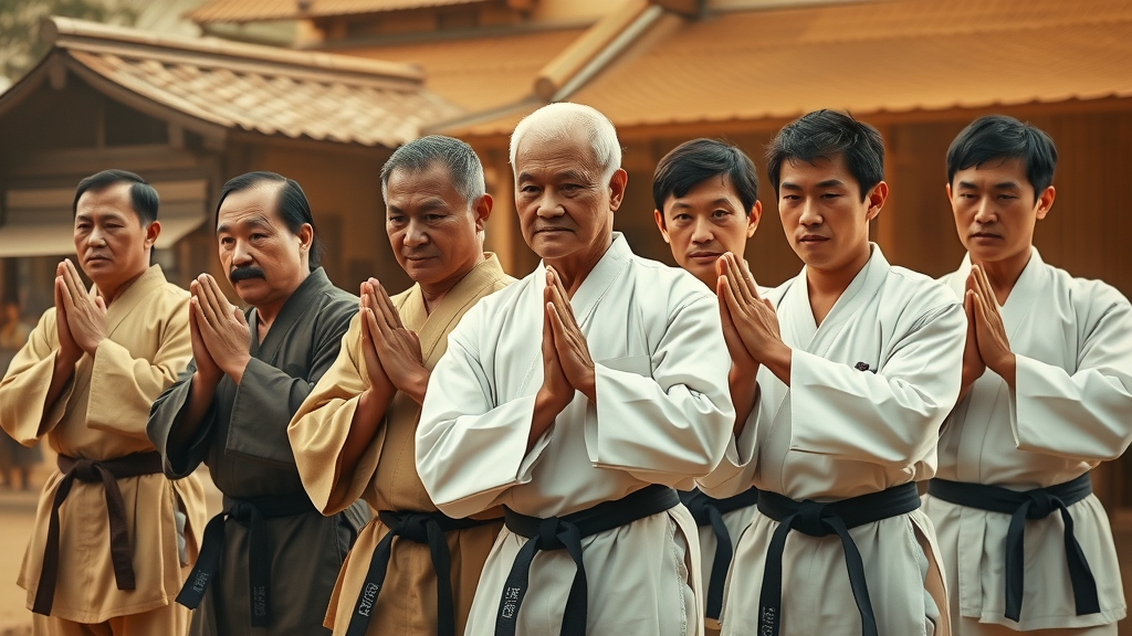 Timeline montage of Okinawan karate evolution, showing martial arts practitioners from different eras