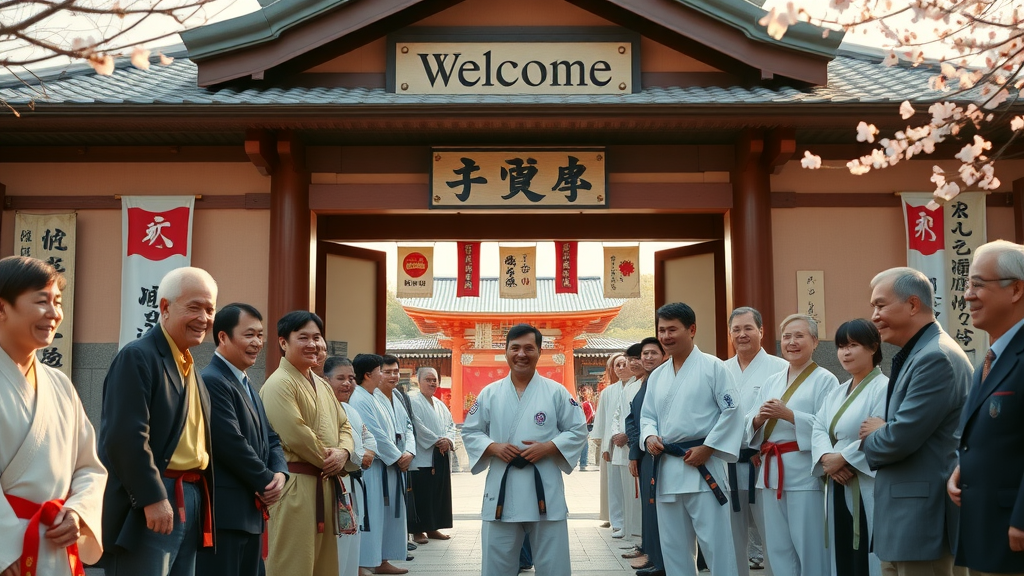 welcoming Okinawan dojo entrance with smiling local and international students; opportunity to train karate in Okinawa