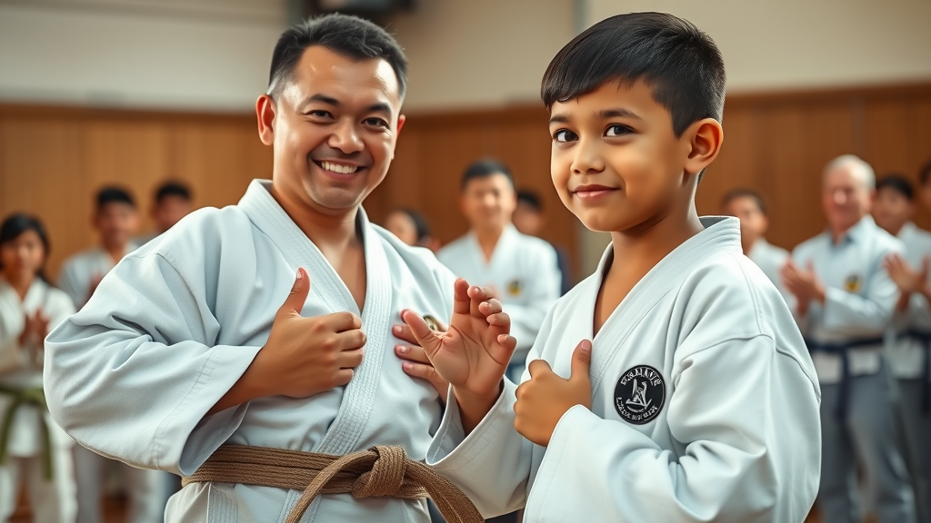 Confident young martial artist receiving a new colored belt from instructor at a martial arts school in Gurnee, peers applauding, lifelike dojo background, focus on belt exchange, warm tones.