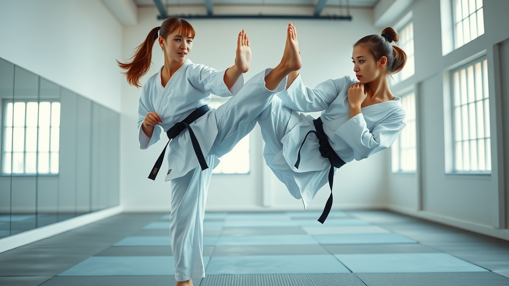 young woman demonstrating strength and flexibility with high karate kick in Okinawan martial arts dojo