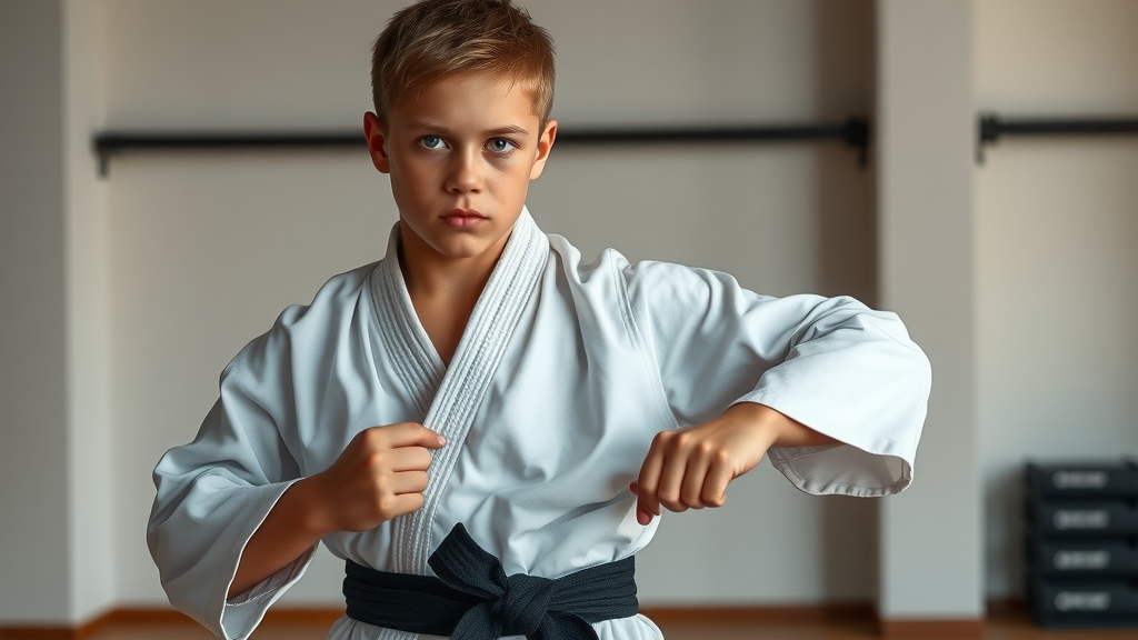 Motivated young martial artist in Illinois tying black belt, focused on achieving degree black belt in minimalist dojo