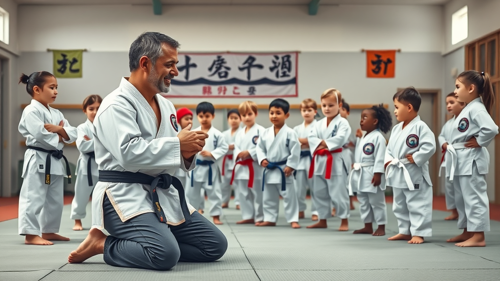 Professional martial arts instructor kneeling and encouraging a diverse group of young students in a Lake County dojo, guiding belt techniques in clean facility