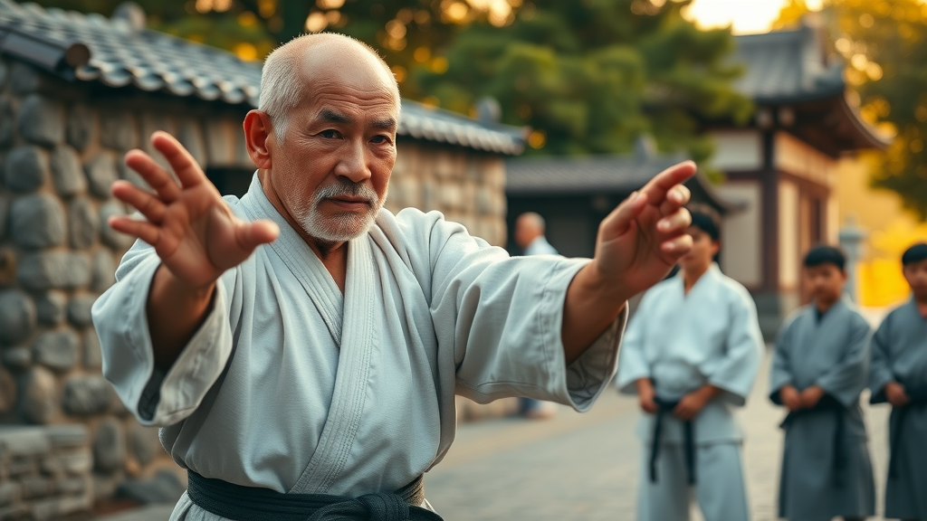 historic Okinawan street, karate master demonstrating stance to students; birthplace of karate tradition exterior of ancient dojo