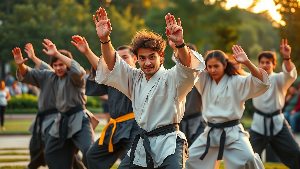vibrant group of martial artists demonstrating traditional martial arts benefits outdoors in a lively community park