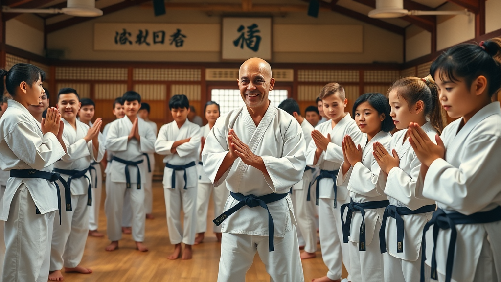Okinawan Karate Gurnee IL martial arts class with enthusiastic students bowing to instructor in welcoming dojo atmosphere