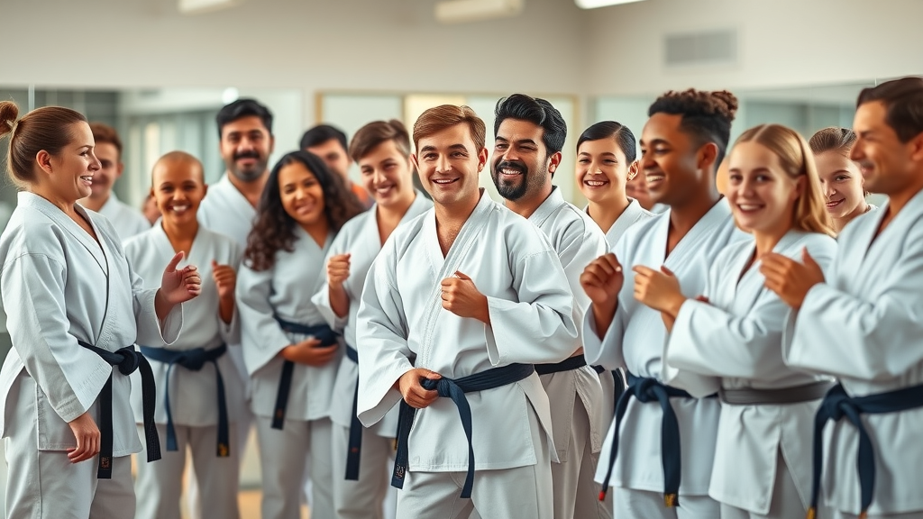 Uplifting, diverse group of karate students of various ages smiling together at a karate dojo near Gurnee IL