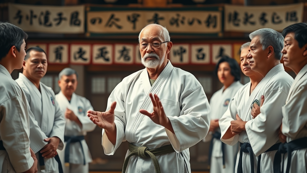 legendary karate master Kanbun Uechi instructing practitioners in a heritage dojo; influence on Okinawan martial arts training