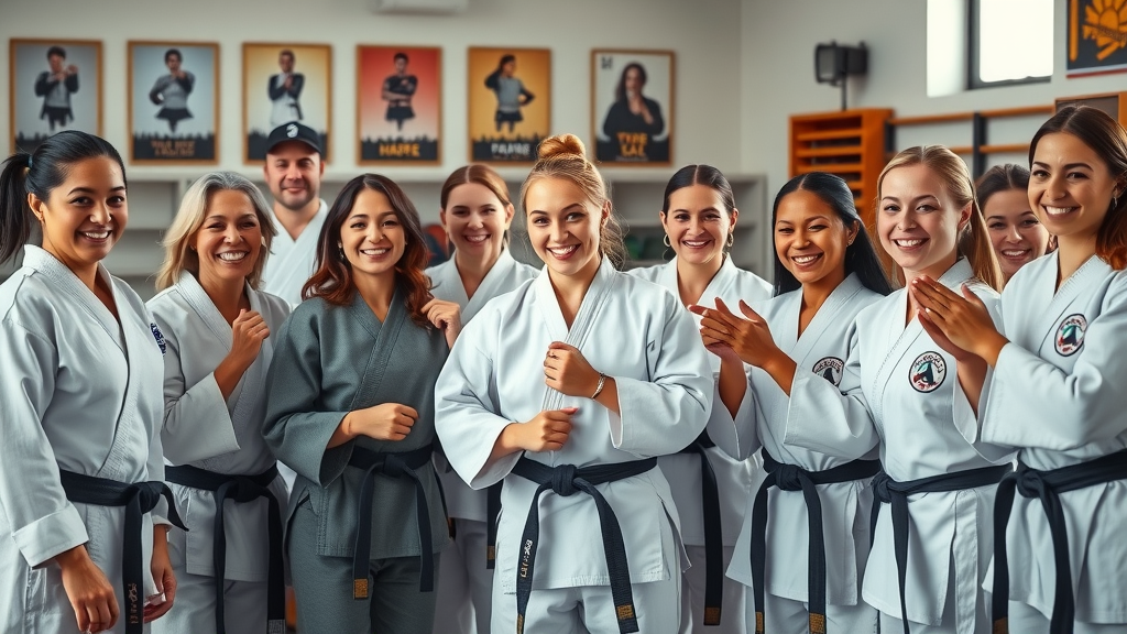 Welcoming female martial arts community Lake County IL, women of all ages celebrating after class with instructors, modern dojo