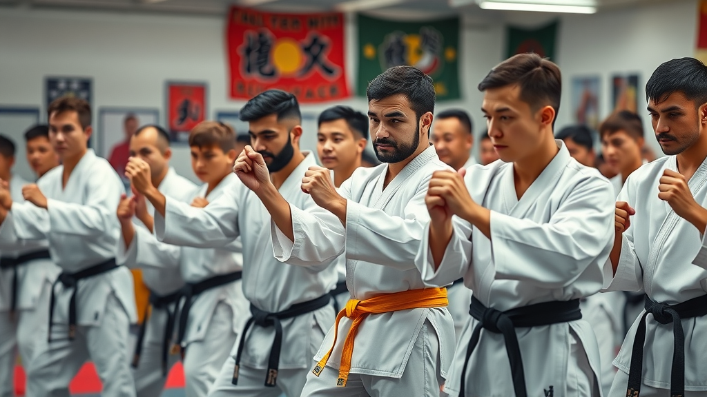 Inspirational martial arts training scene with diverse group of students practicing martial arts stances at a modern dojo in Lake County Illinois.
