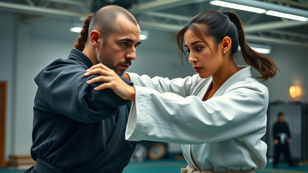 Determined adult student, woman defending against padded attacker, self-defense in Gurnee IL Okinawan Karate defense class, spacious modern dojo.