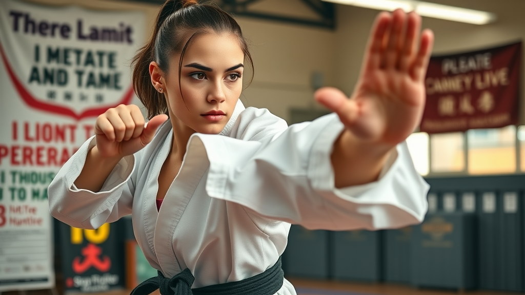 Motivated young woman practicing martial arts self-defense Gurnee in modern dojo, focused stance, wearing uniform