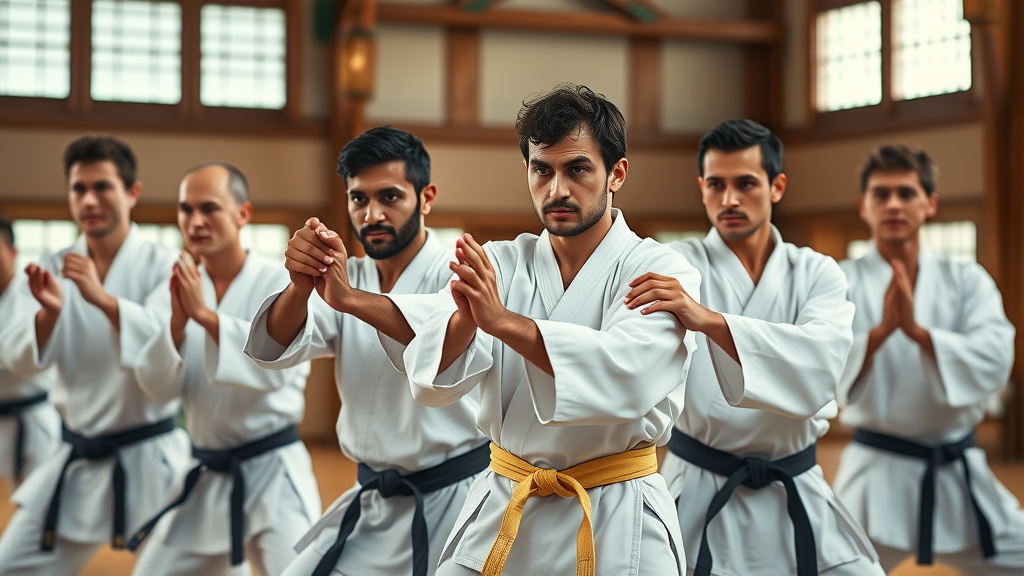 Okinawan karate students in synchronized kata, illustrating discipline and focus in martial arts practice