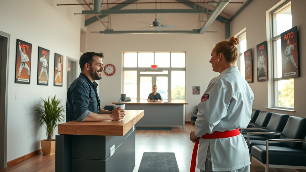 Welcoming martial arts academy reception, taekwondo training lake county, friendly staff greeting new students at Gruber’s Karate