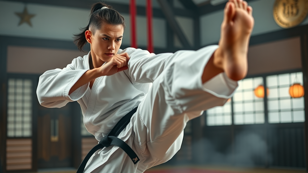 Confident martial arts student Lake County Illinois performing karate kick precision in dojo