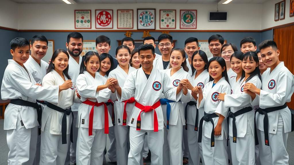 Diverse group of taekwondo practitioners united at Lake County martial arts academy, taekwondo training lake county, togetherness, all ages, community