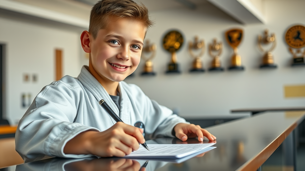 martial arts student registering for karate tournaments Gurnee IL at reception, writing on form, martial arts trophies in background